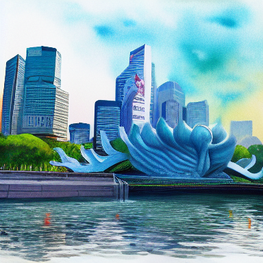 AI watercolor of the Marina Bay skyline in Singapore at morning: convincing towers and the ArtScience Museum's lotus form, but no Merlion statue anywhere in the frame