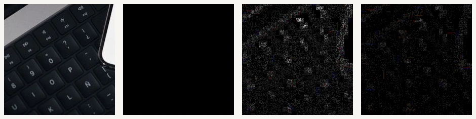 Four panels. The first is a 219-pixel crop of a laptop keyboard from the test photograph. The remaining three show the absolute difference between that crop and the same crop re-saved at qualities 80, 84 and 94, with the difference amplified 24 times so it is visible at all. The quality-80 panel is entirely black: not one of the 47,961 pixels changed. The quality-84 panel shows speckled structure across the keycaps and their edges, where 47.23 per cent of pixels moved. The quality-94 panel shows the same pattern more faintly, where 18.75 per cent moved.