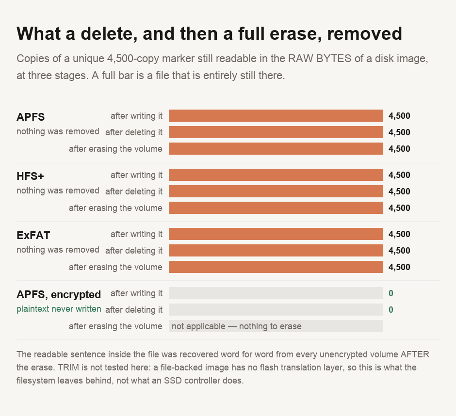 A chart of how many copies of a unique 4,500-copy marker remain in the raw bytes of a disk image at three stages, on four volumes. On APFS, HFS+ and ExFAT the count is 4,500 after writing the file, 4,500 after deleting it, and 4,500 after erasing the entire volume — no copies were removed at any stage. On an encrypted APFS volume the count is zero at every stage, including while the file still existed, because the plaintext is never written to the disk at all. The readable sentence in the file was recovered word for word from all three unencrypted volumes after the erase.