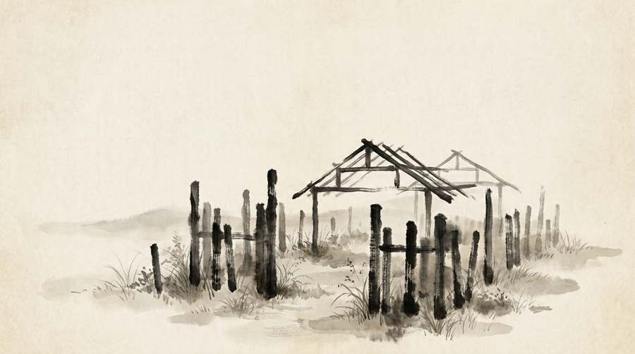 A burnt hall reduced to blackened posts, grass grown up between them, nothing rebuilt.
