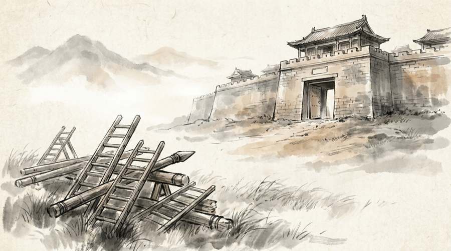 An unbroken city taken whole — its gate open, the siege ladders never used.