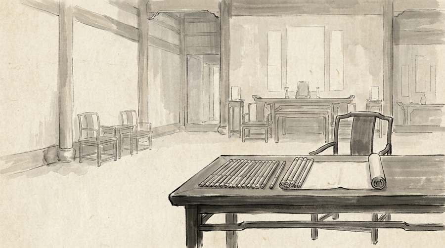 Counting rods laid out in the temple hall at first light — the reckoning done before anything is set in motion.