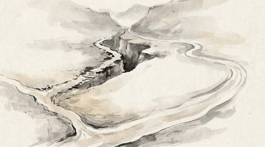 Two roads to the same pass — the short one broken, the long one worn pale with use.