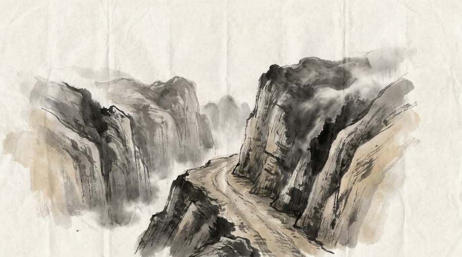 A pass narrowing to a defile between sheer walls, one worn track threading through.