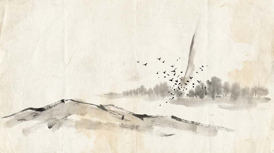 Birds bursting from the treeline and a thin column of dust just beyond — the signs read from an empty ridge.