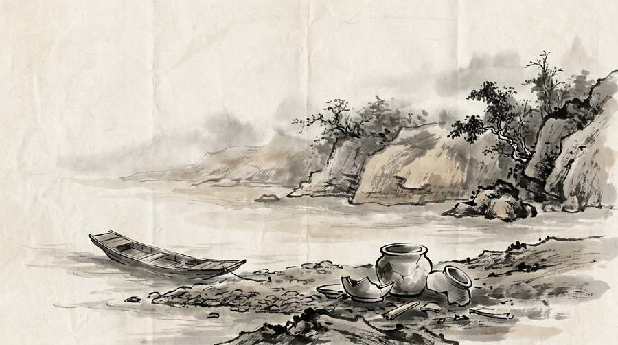 Pots smashed on the shingle and the last boat settling — the far bank the only way left.