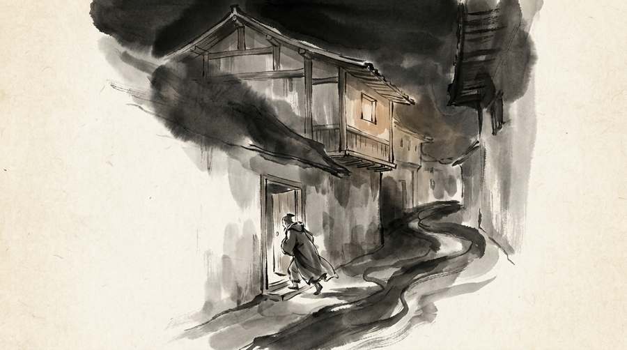 A lamp still burning in an upper window, and one figure leaving by the side door.