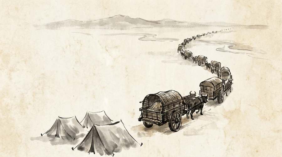 A camp of a few tents, and the supply train serving it stretching back to the horizon.