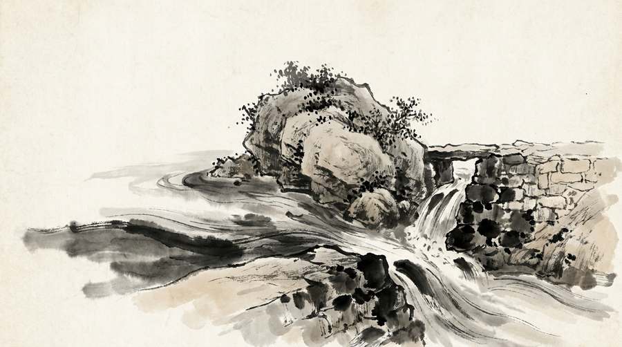 The stream parts around the boulder and pours through the one gap in the weir.