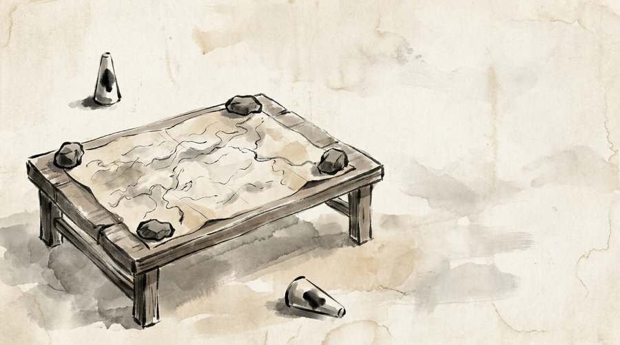 A weighted map: the distant marker set upright, the near one tipped over.