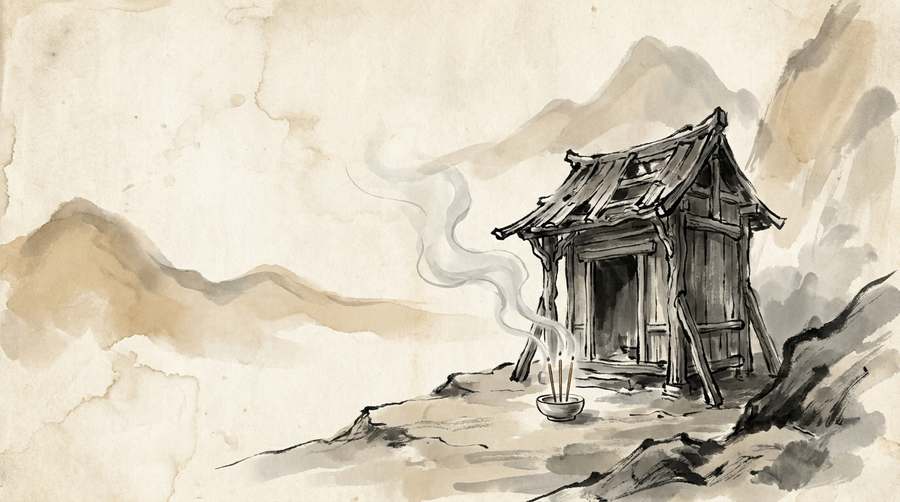 Fresh incense newly lit before an abandoned shrine whose old timbers still stand.