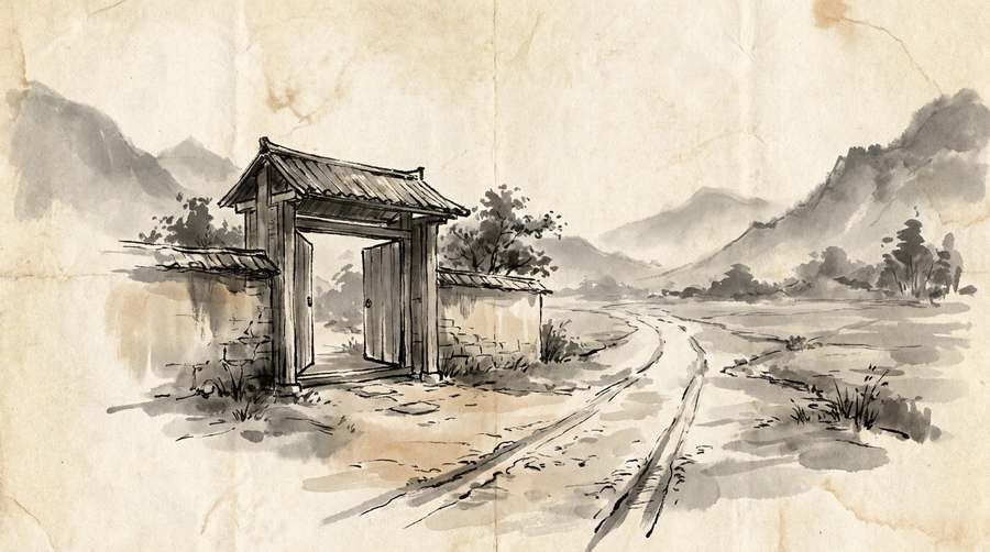 An open border gate, cart ruts fresh in both directions through a neighbour's valley.