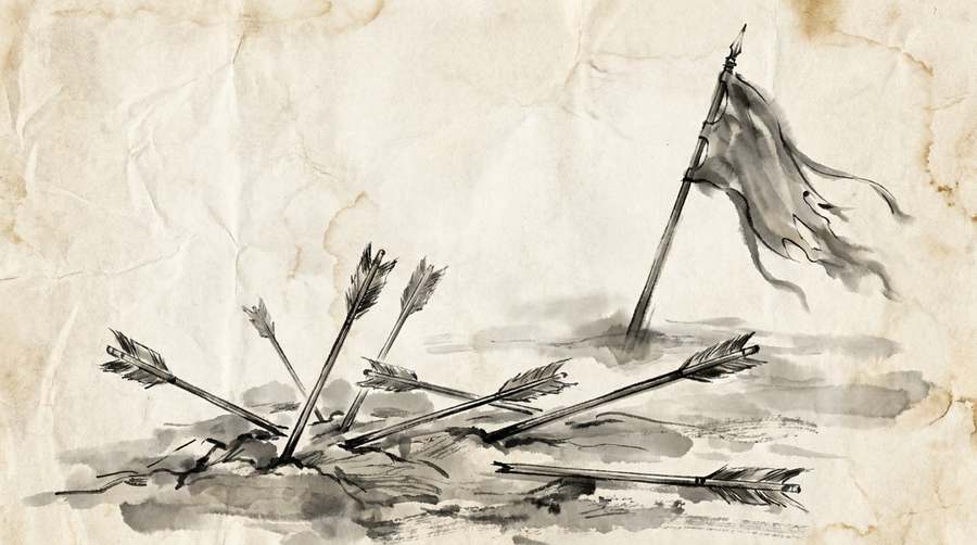 Loose arrows scattered on the ground and one banner pole standing stripped.