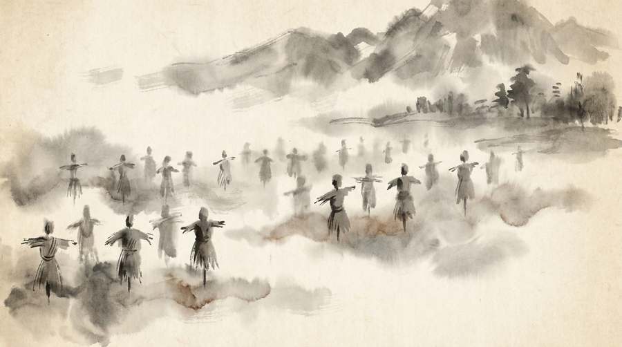 Straw figures in ordered ranks, indistinguishable from soldiers in the morning mist.