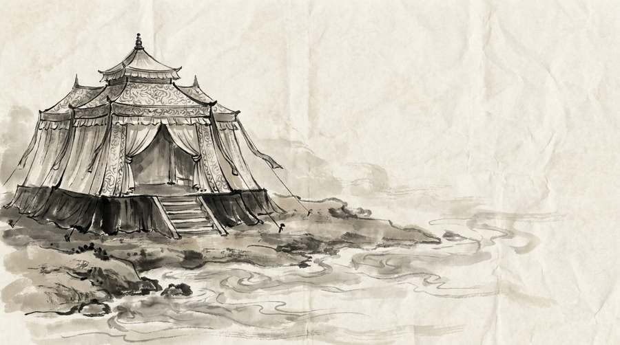 A grand pavilion pitched on the shore — the familiar sight that hides a crossing already under way.