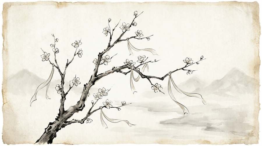 A bare tree hung with paper blossoms, reading as full and flowering from a distance.