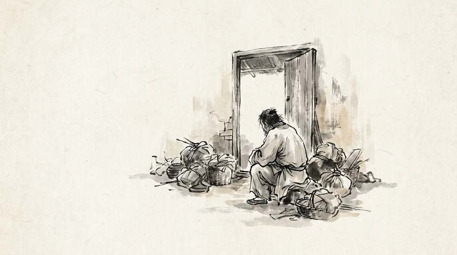 A dishevelled figure in a doorway among scattered belongings — entirely unremarkable.