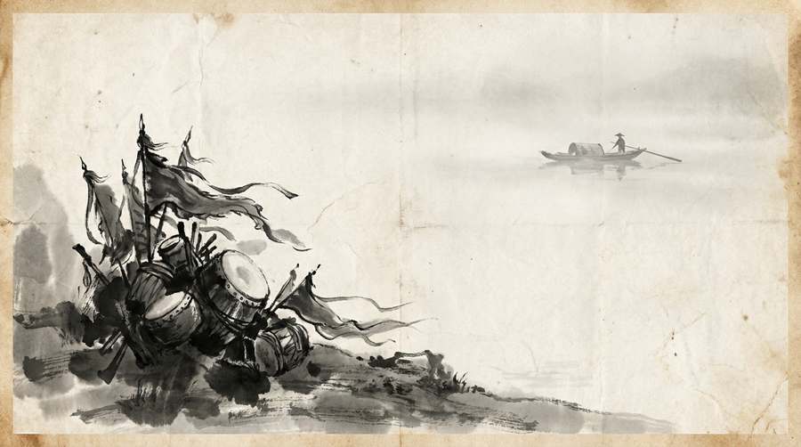Drums and banners on one bank; on the far bank a single boat pushes off unseen.