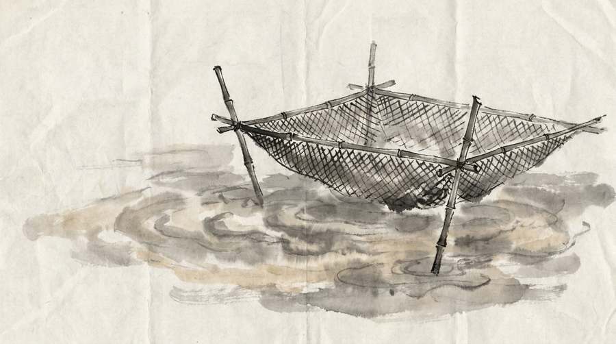 A net held ready over churned water, silt clouding in slow curls.