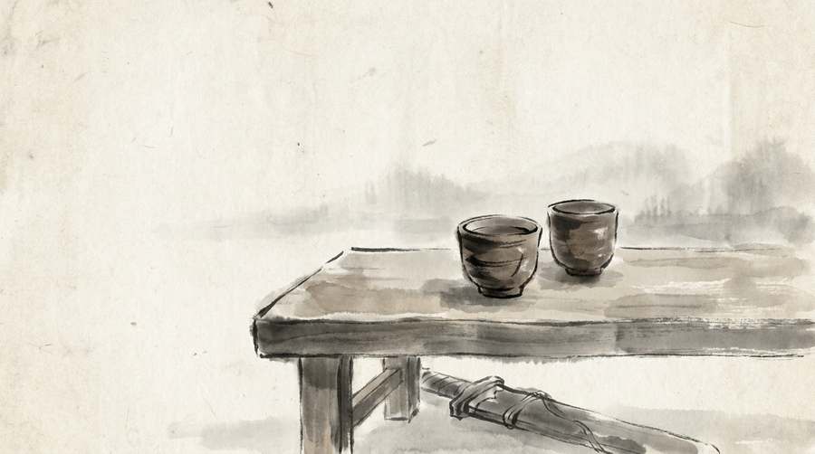 Two cups set out for a friendly meeting; a blade flat beneath the table's edge.