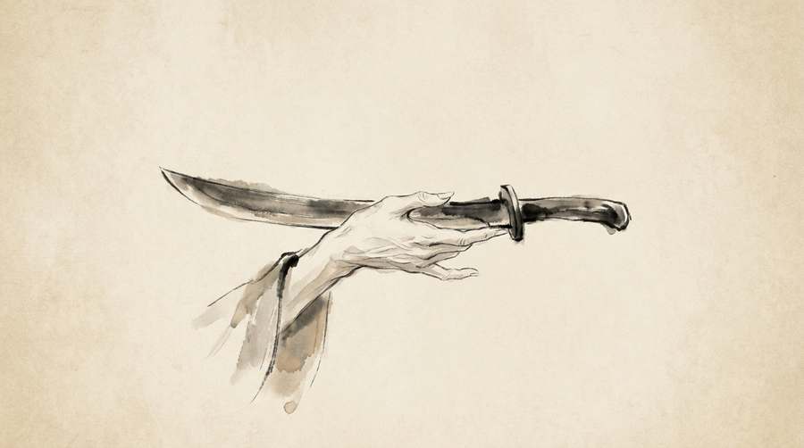 A blade offered in an open hand, its owner out of frame.