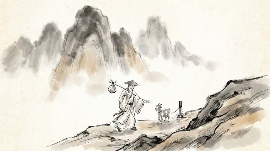 A traveller on a mountain path, taking up a stray tethered goat as he passes.