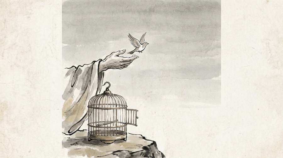 A bird released into open sky, the cage door left standing open.