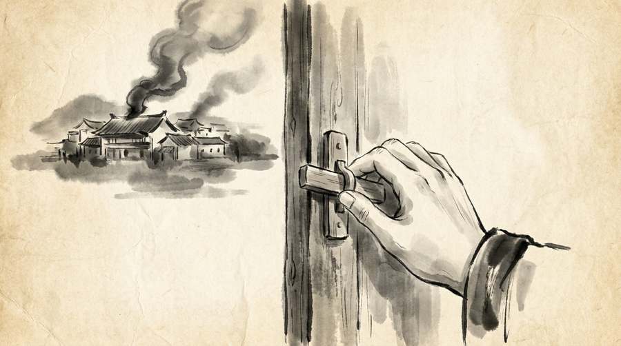 Smoke over a distant compound while a calm hand lifts its outer latch.