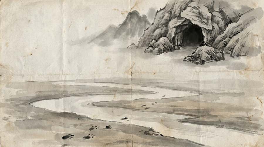 An empty lair among high rocks; large pawprints crossing the plain far below.