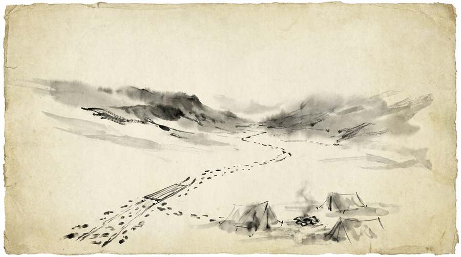 Tracks in snow leading from a struck, empty camp toward the mountain pass.