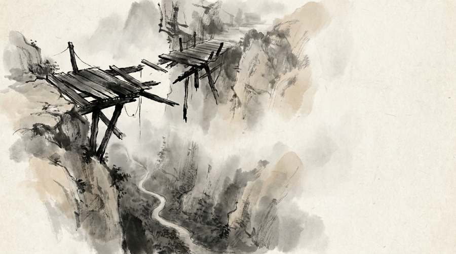 A burnt plank road on the cliff above; a footpath threading the gorge below.