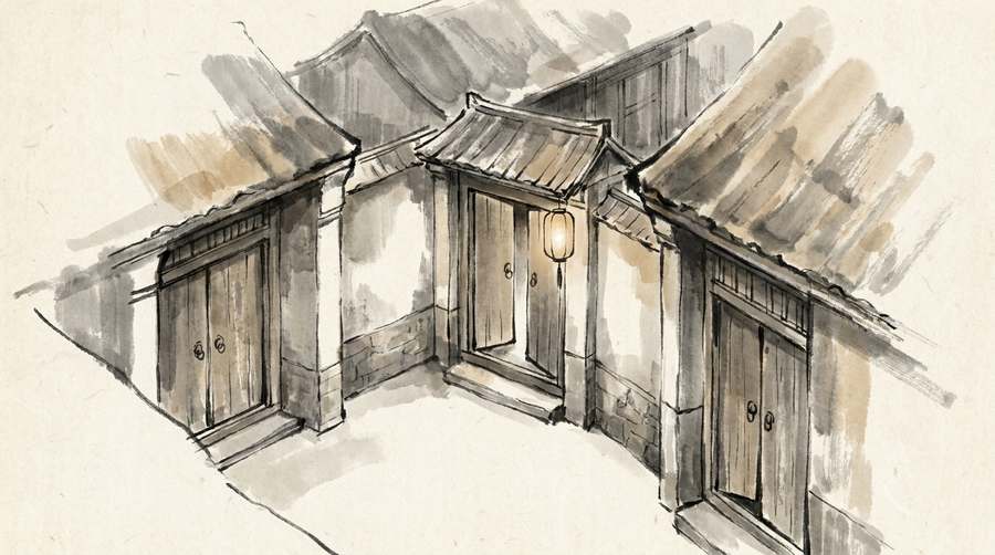 A courtyard from above, every gate closed but one, a lantern at its centre.