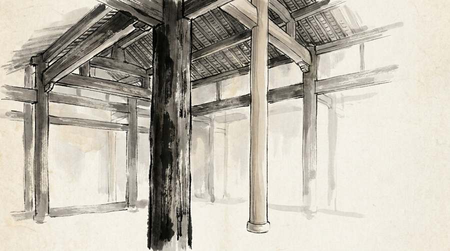 A grand hall, outwardly unchanged, one great pillar quietly replaced by plainer timber.