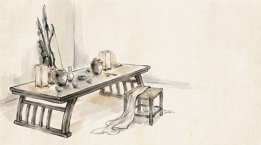 An untouched banquet, a silk sleeve trailing from an empty seat, weapons forgotten by the wall.