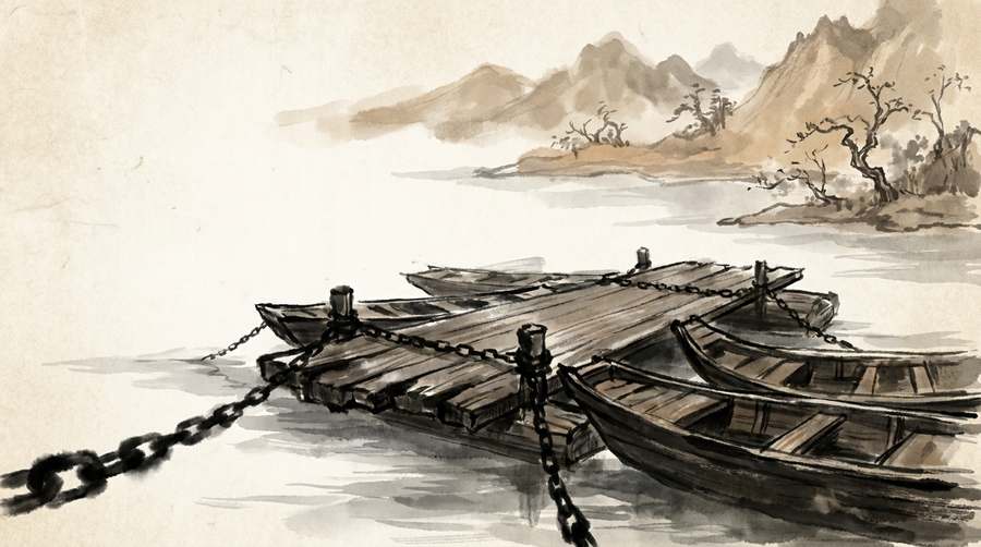Small boats lashed with heavy chain into one broad deck on still water.