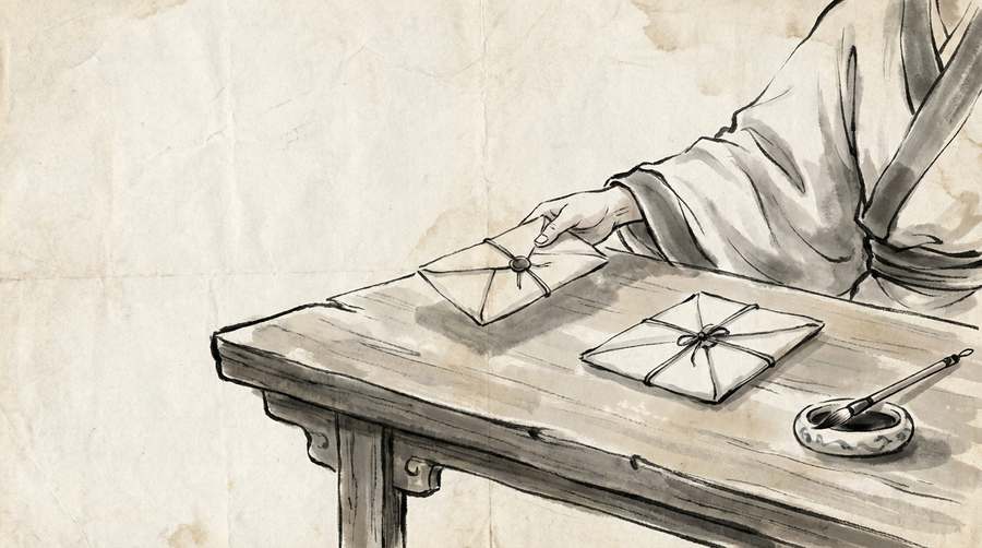 Two identical sealed letters, one being quietly exchanged for the other.