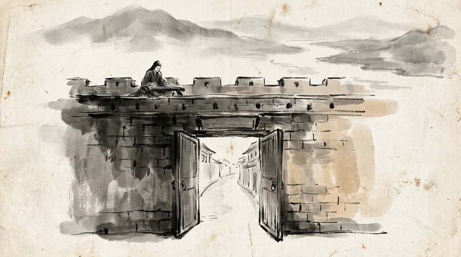 The gate standing wide on an empty street, a lone figure with a zither on the wall above.