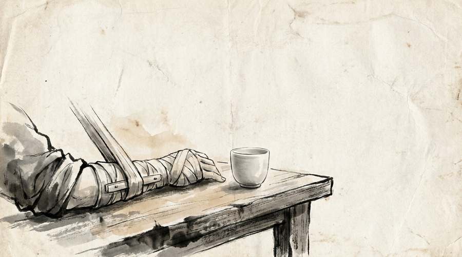 A freshly dressed forearm resting beside an untouched cup — the wound plainly real.