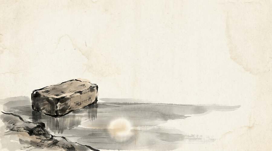 A rough brick at a pond's edge, something far finer glowing beneath the surface.
