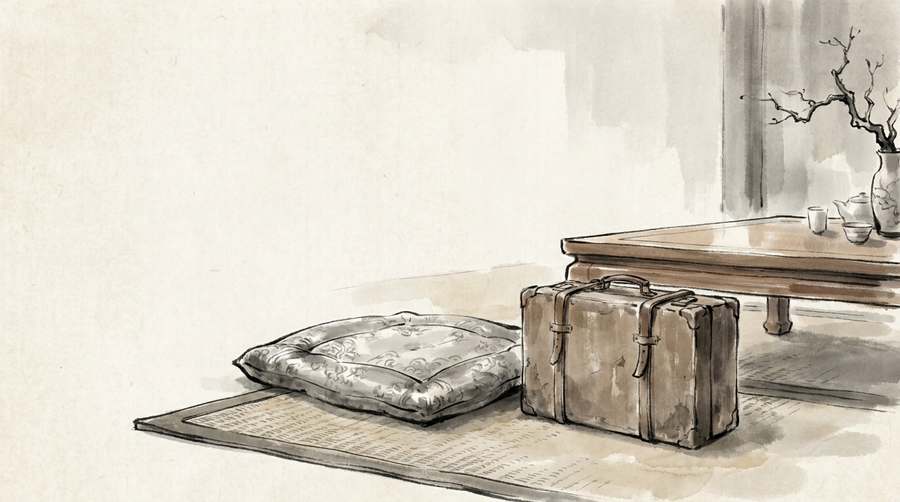 The guest's travelling case set at the head of the room, the host's cushion pushed aside.