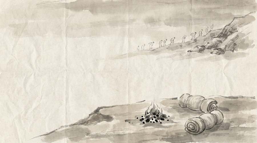 A rested camp in the foreground; a spent column still climbing the far slope.