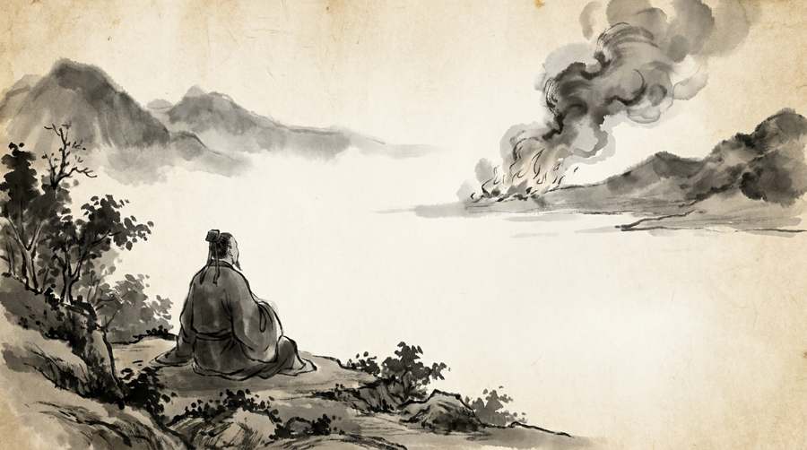 A seated figure watching a distant blaze from the far bank, unmoving.