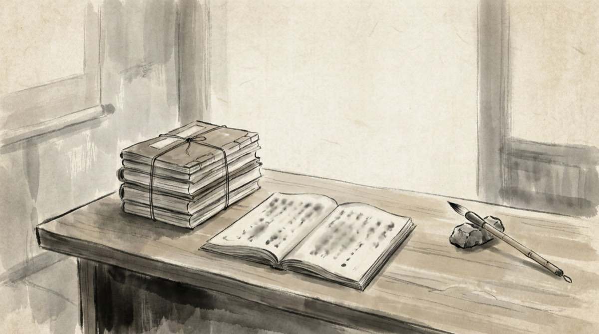 Thread-bound volumes on a scholar's table — an artist's impression. For most of its life the Art of War travelled as a commented text: what a reader held was rarely Sun Tzu alone.
