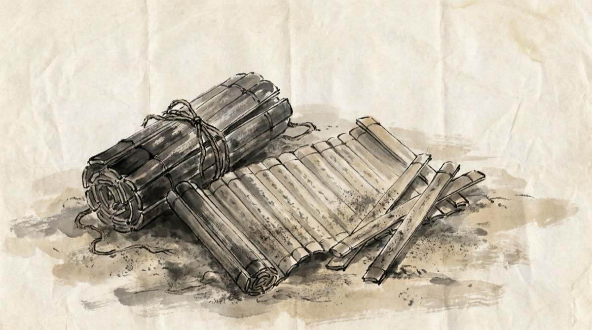 Han-dynasty bamboo slips — an artist's impression of the kind of find made at Yinqueshan in 1972.