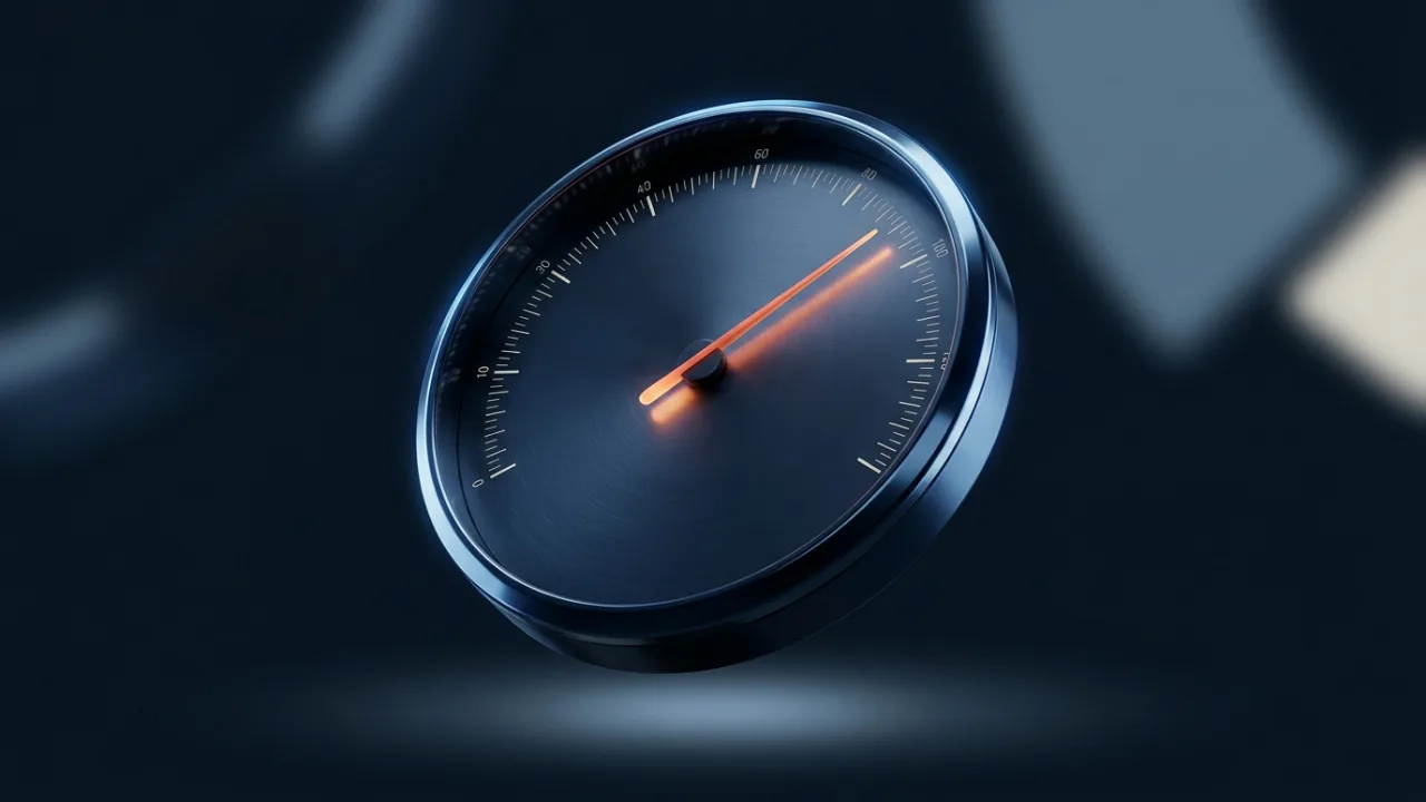 A machined navy dial instrument with a glowing orange needle resting mid-arc