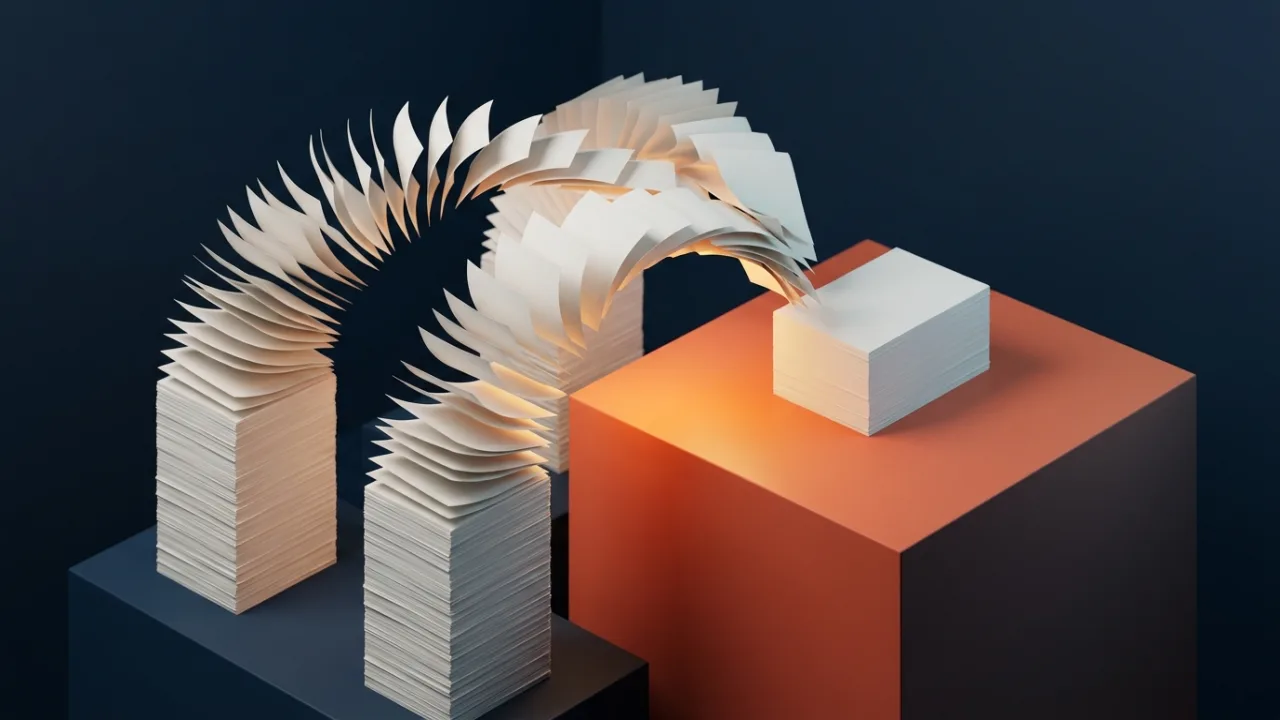 Arcs of paper sweeping from two tall stacks onto an orange plinth and landing as one block