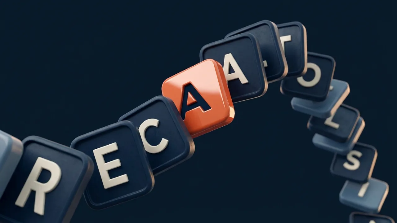 Chunky 3D letter tiles curving through dark space, one glowing orange at the centre