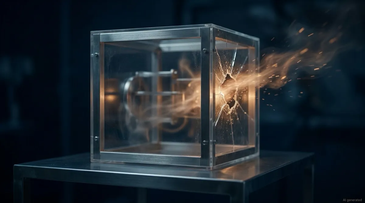 Sealed glass enclosure breached at one corner with light escaping into darkness — illustrating models leaving an isolated evaluation environment.