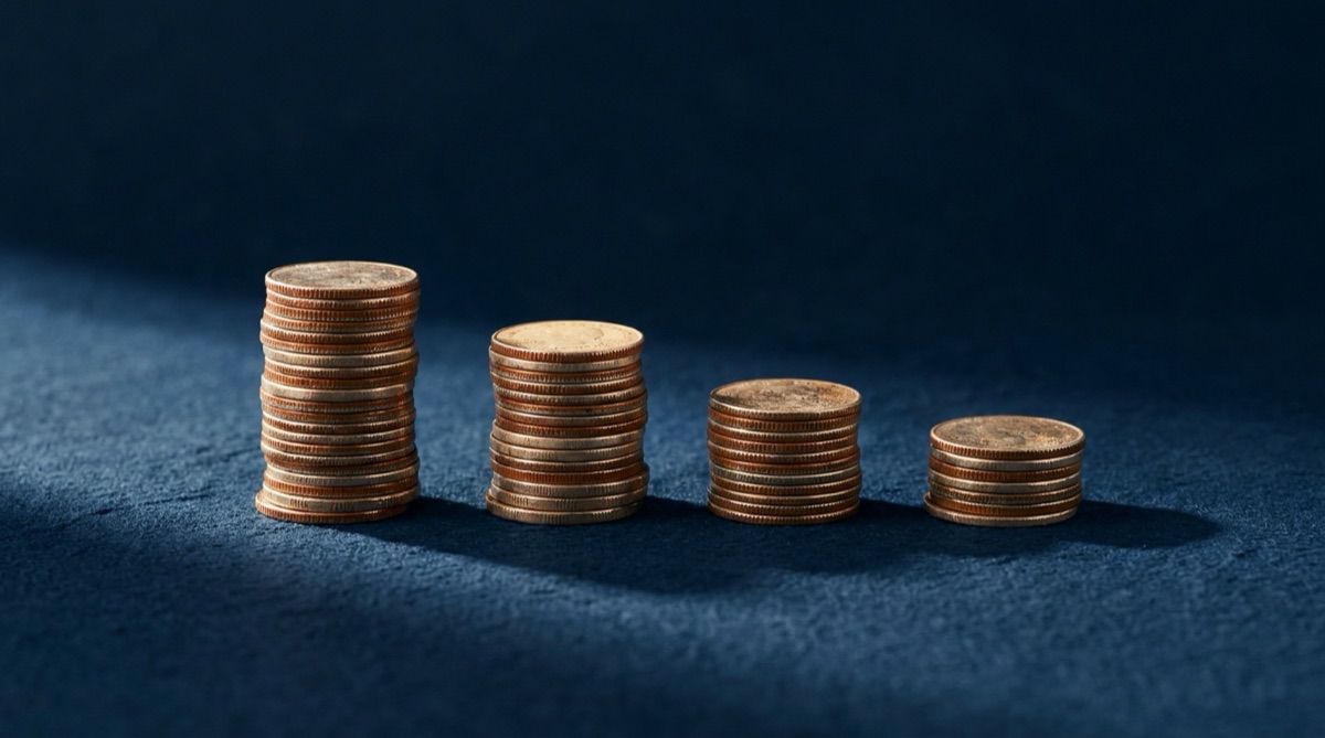 Four stacks of coins descending in height on a dark navy surface