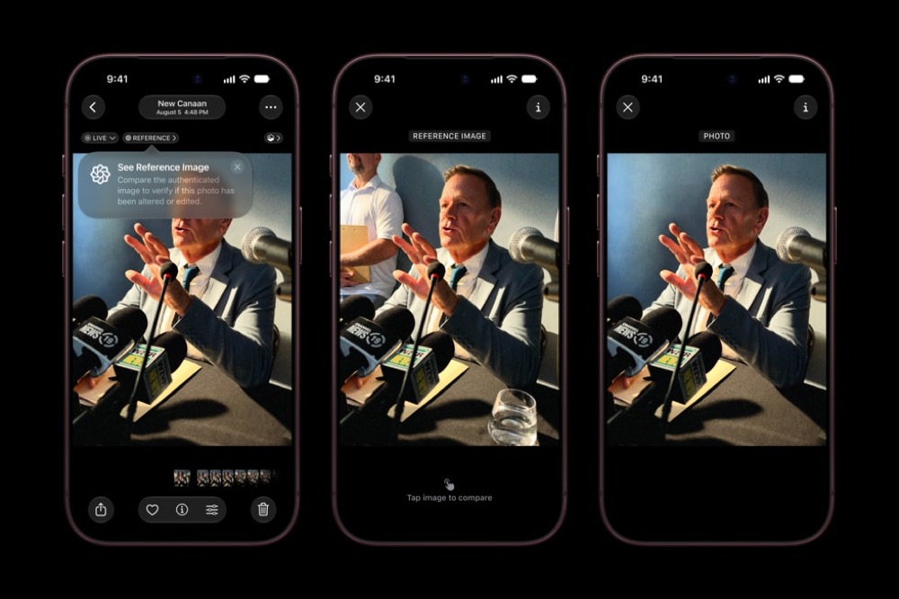 The Photos app on iPhone 18 Pro showing a photograph alongside its Apple Reference Image for comparison.